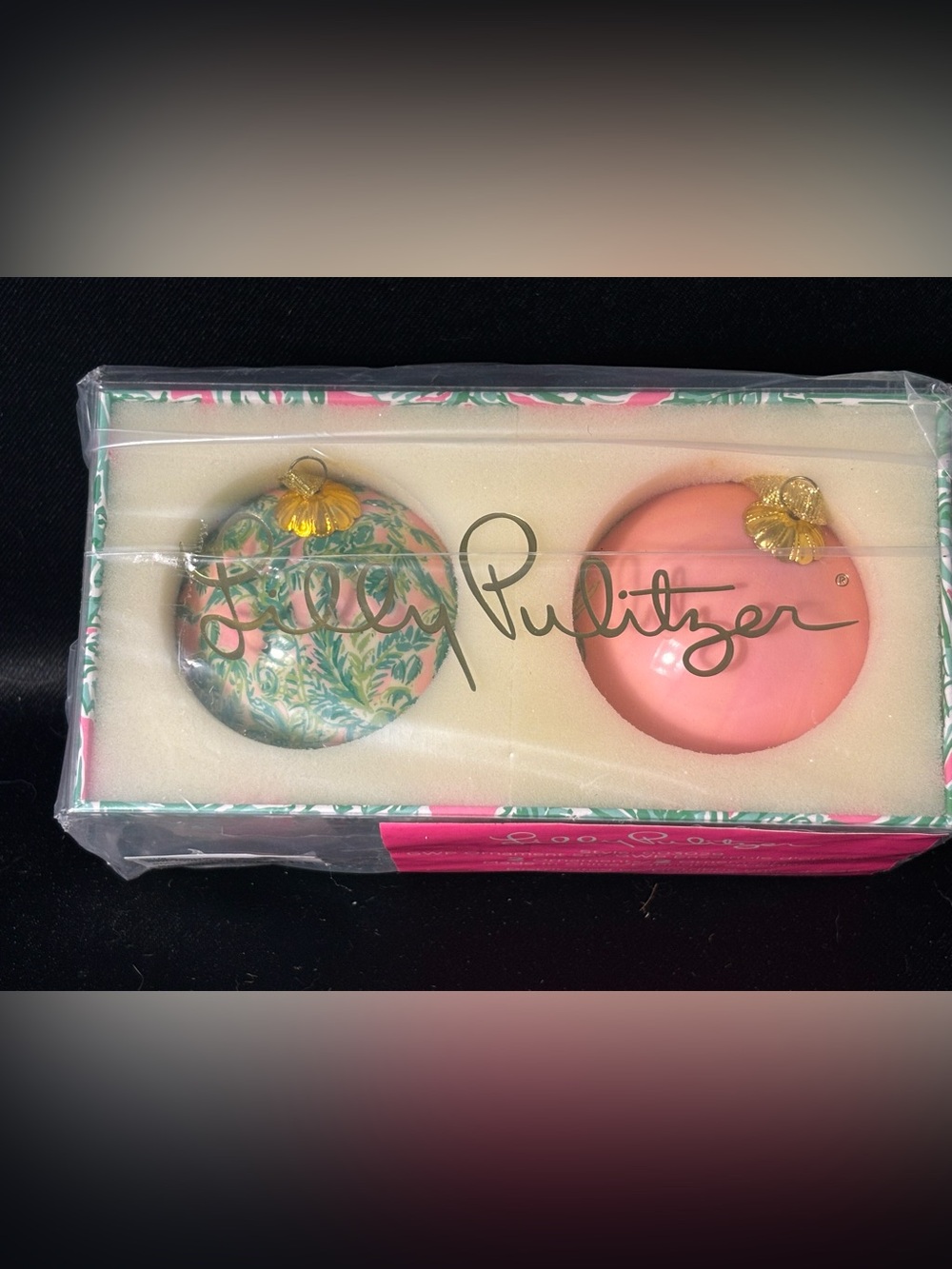 Lilly Pulitzer Christmas Ornaments Set of 2 Pink Floral Glass Baubles New in box